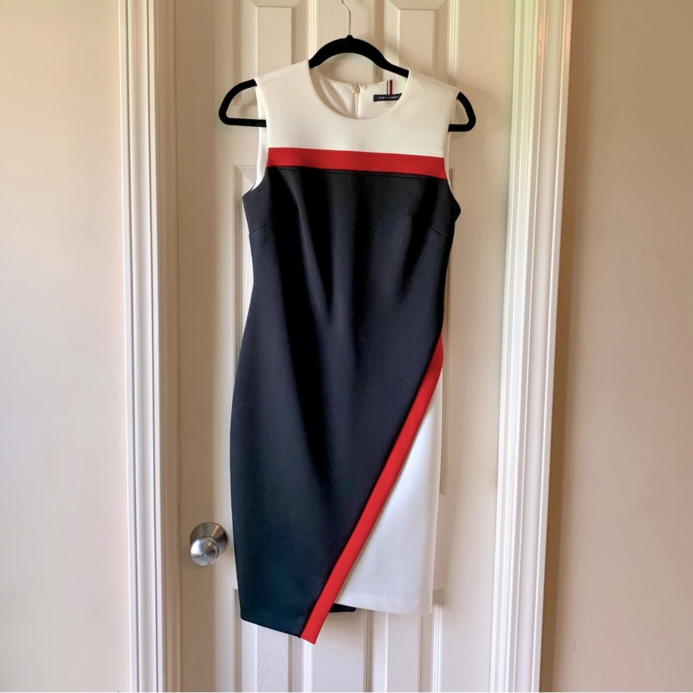 Black and White Sleeveless Fitted Sheath Tommy Hilfiger Dress with Red Accent